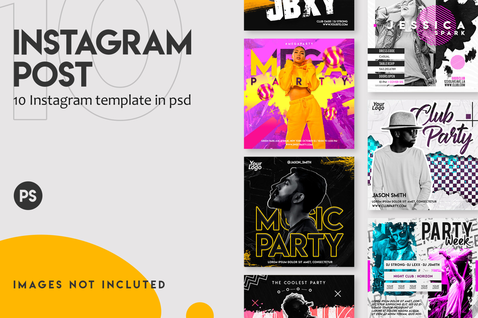 10 Music festival instagram post template set on Yellow Images Creative