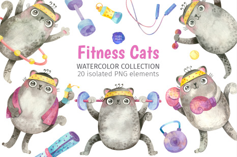 Gym clipart. Cats clipart for fitness stickers, weight loss tracker, fitness planner, habit tracker