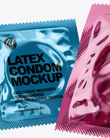 Download Two Glossy Metallic Condom Packaging Mockup In Sachet Mockups On Yellow Images Object Mockups