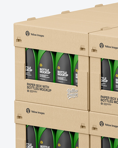 Wooden Pallet with Glossy Bottles in Paper Boxes  Mockup PSD #6