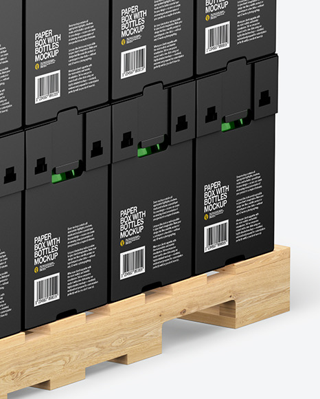 Wooden Pallet with Glossy Bottles in Paper Boxes  Mockup PSD #7