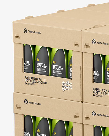 Wooden Pallet with Metallic Bottles in Paper Boxes Mockup PSD #6