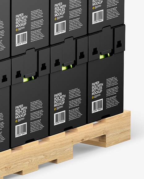 Wooden Pallet with Metallic Bottles in Paper Boxes Mockup PSD #7