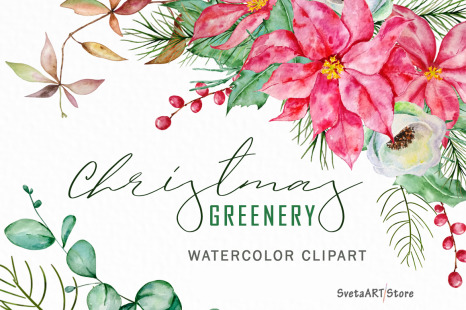 Watercolor Christmas Greenery Clipart
