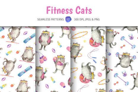 Watercolor seamless patterns, fitness clipart. Yoga, gym clipart for fitness planner, habit tracker