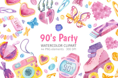 90s theme. Watercolor clipart for 90s backdrop, invitation 90s party favors, printable birthday card