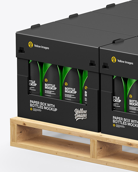 Wooden Pallet with Glossy Bottles in Paper Boxes Mockup PSD #1