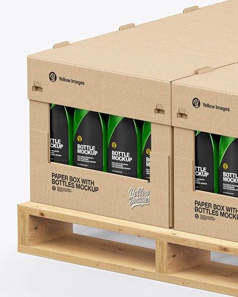 Wooden Pallet with Glossy Bottles in Paper Boxes Mockup PSD #6