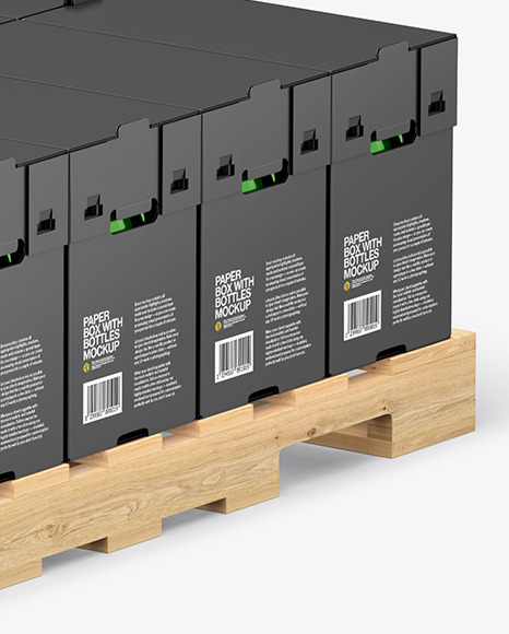 Wooden Pallet with Glossy Bottles in Paper Boxes Mockup PSD #7