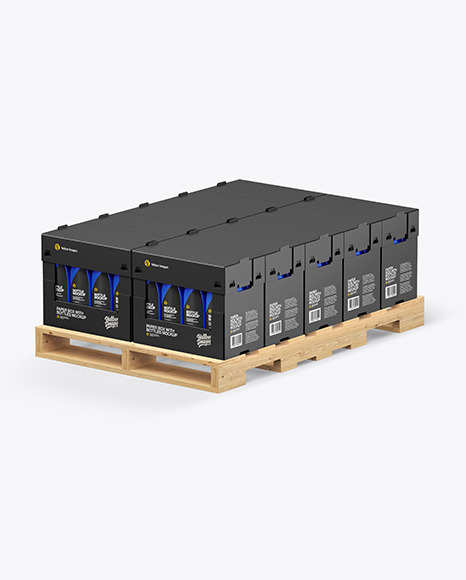 Wooden Pallet with Matte Bottles in Paper Boxes Mockup