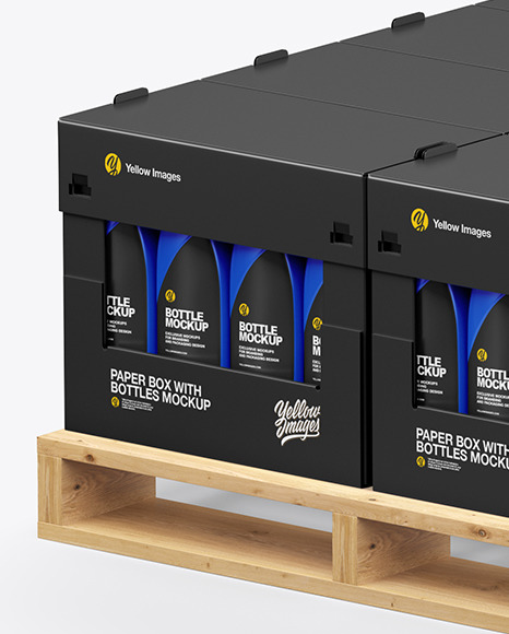 Wooden Pallet with Matte Bottles in Paper Boxes Mockup PSD #1