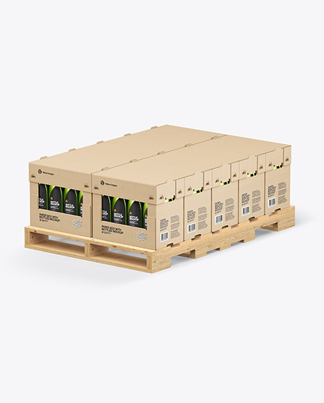 Wooden Pallet with Metallic Bottles in Paper Boxes Mockup PSD #2