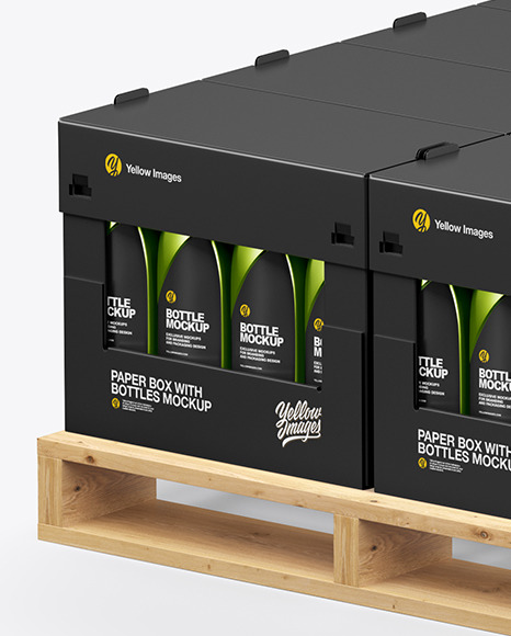 Wooden Pallet with Metallic Bottles in Paper Boxes Mockup PSD #1