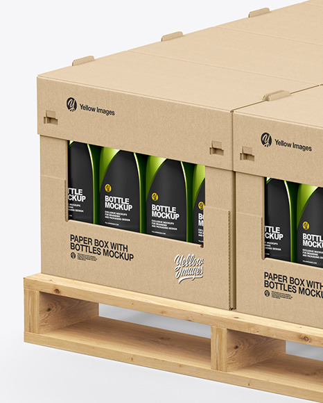 Wooden Pallet with Metallic Bottles in Paper Boxes Mockup PSD #6