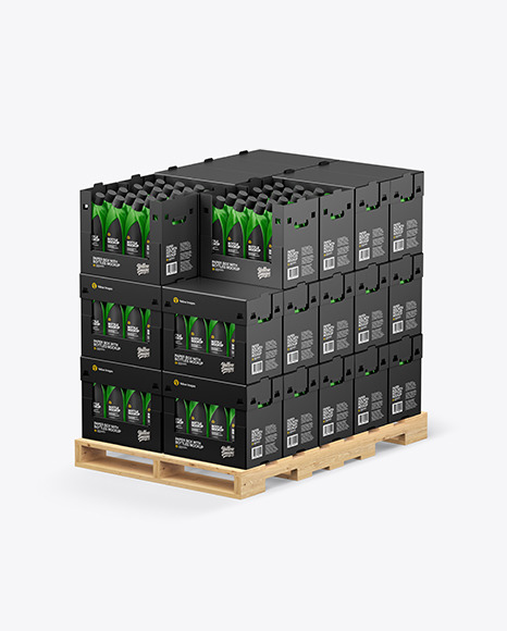 Wooden Pallet with Glossy Bottles in Paper Boxes Mockup PSD #2