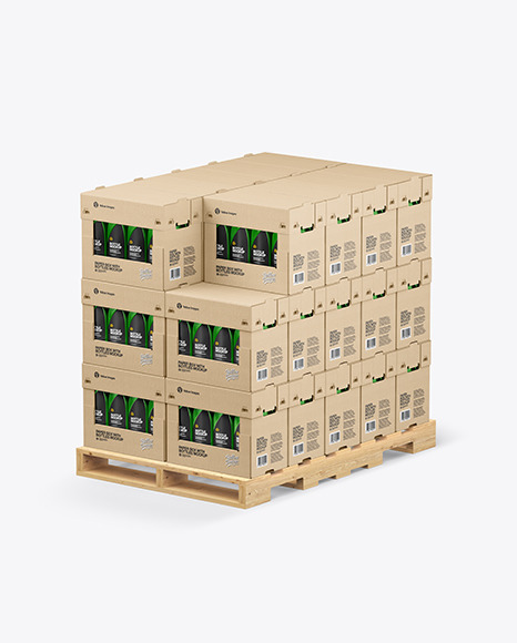 Wooden Pallet with Glossy Bottles in Paper Boxes Mockup PSD #1