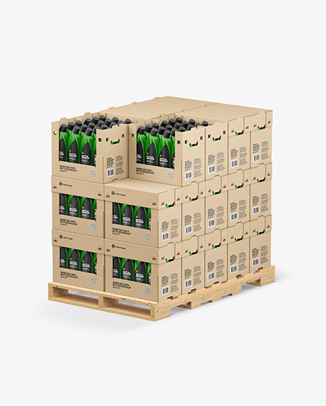 Wooden Pallet with Glossy Bottles in Paper Boxes Mockup PSD #6