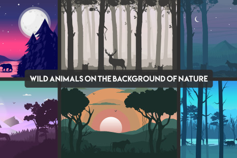 6 Wild animals on the background of nature set