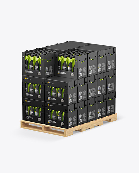 Wooden Pallet with Metallic Bottles in Paper Boxes Mockup PSD #2