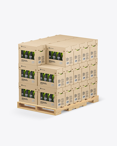 Wooden Pallet with Metallic Bottles in Paper Boxes Mockup PSD #1