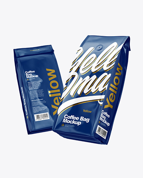 Download Two Glossy Coffee Bag Packaging Mockup In Bag Sack Mockups On Yellow Images Object Mockups