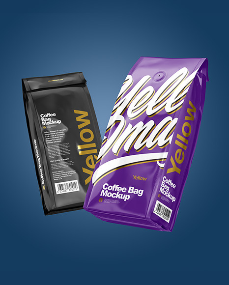 Download Two Glossy Coffee Bag Packaging Mockup In Bag Sack Mockups On Yellow Images Object Mockups