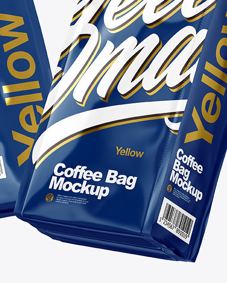 Download Two Glossy Coffee Bag Packaging Mockup In Bag Sack Mockups On Yellow Images Object Mockups