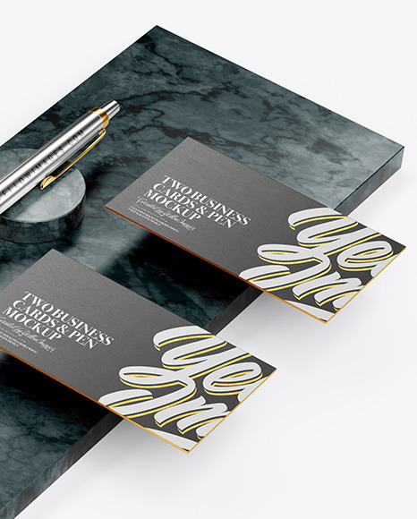 Two Business Cards Pen with Marble Mockup PSD #5