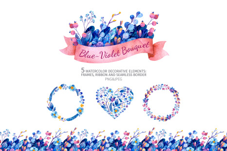 Watercolor botanical clipart, postcard templates with blue flowers