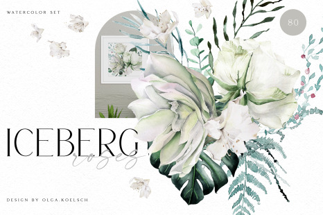 Watercolor white flowers clipart, Greenery tropical clipart with white roses for wedding invitations
