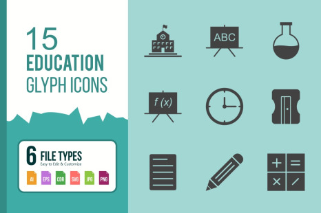 15 Education Glyph Icon Set.