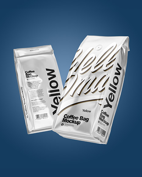 Download Two Glossy Metallic Coffee Bag Packaging Mockup In Bag Sack Mockups On Yellow Images Object Mockups