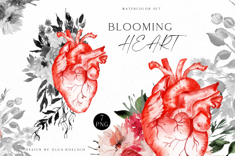 Watercolor anatomical heart clipart, Valentine clipart with watercolor flowers and heart