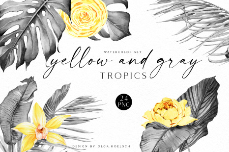 Watercolor gray and yellow tropical clipart, Yellow roses, gray palm leaves for wedding invitations