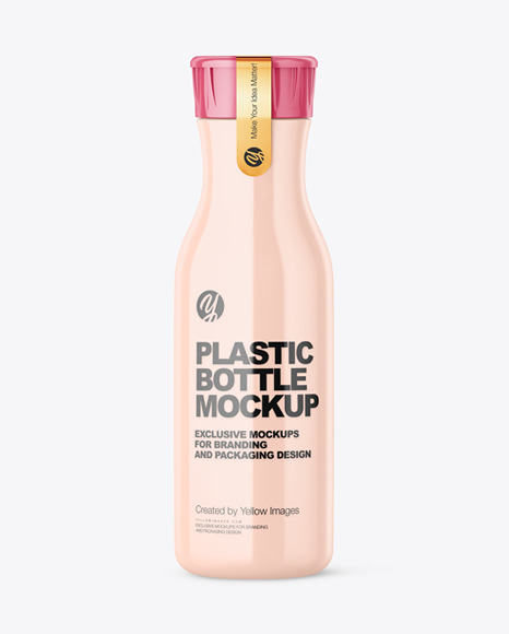 Glossy Plastic Bottle With Plastic Cap And Sticker Mockup - Front View