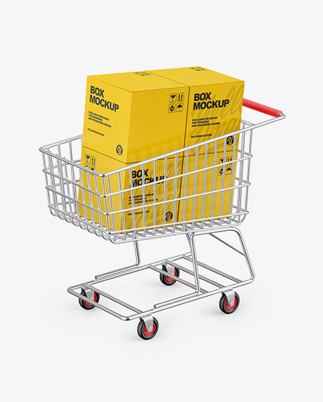 Download Shopping Cart W/ 4 Paper Boxes Mockup in Packaging Mockups on Yellow Images Object Mockups