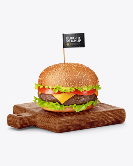 Burger On Wooden Board Mockup   Free Download Images High Quality PNG, JPG