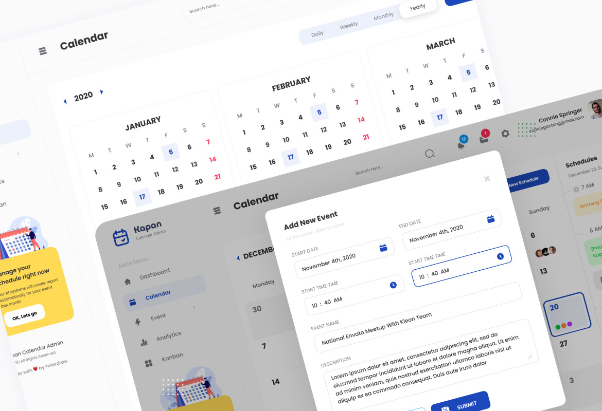 Kapan Calendar Admin Dashboard UI Figma PSD Template on Yellow Images