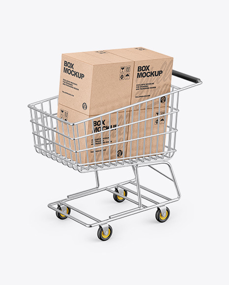 Download Shopping Cart W 4 Kraft Boxes Mockup In Packaging Mockups On Yellow Images Object Mockups