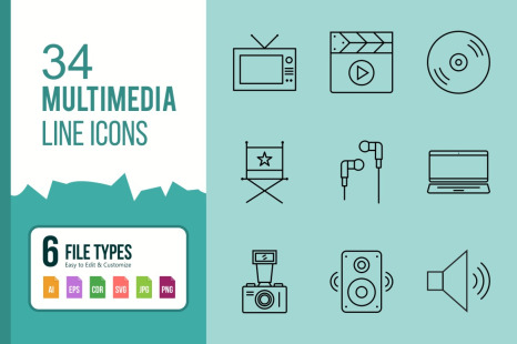 34 Multimedia Line Black icons.