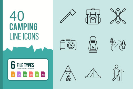 40 Camping Line Black Icons.