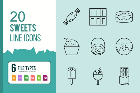 20 Sweets Line Black Icons.