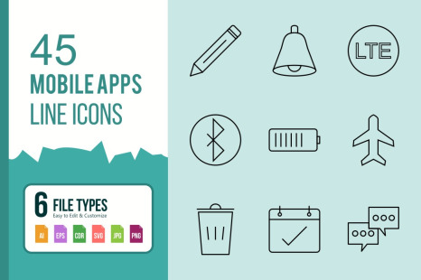 45 Mobile Apps Line Black Icons.