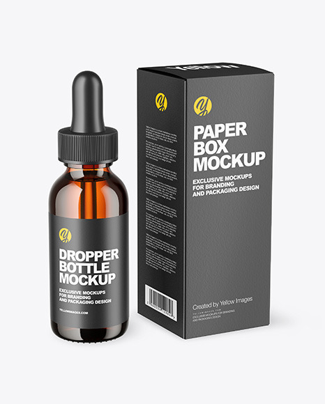 Download Amber Glass Dropper Bottle With Paper Box Mockup In Bottle Mockups On Yellow Images Object Mockups