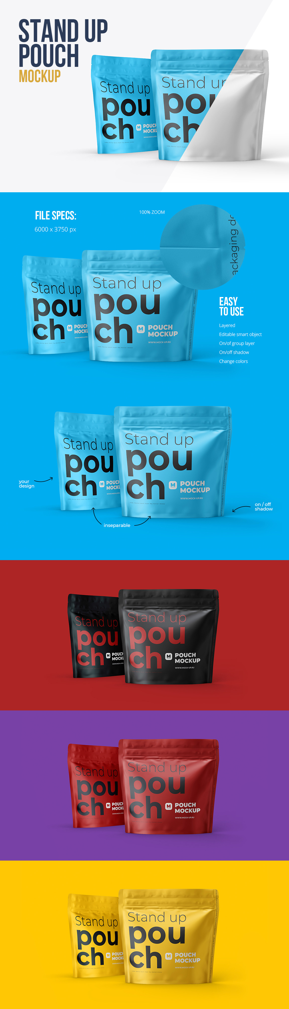 Download Square Zipper Stand Up Pouch Front And Half Side In Packaging Mockups On Yellow Images Creative Store