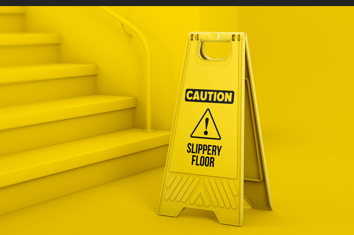 Plastic Caution Floor Sign Board Mockup in Indoor Advertising Mockups on Yellow Images Creative ...