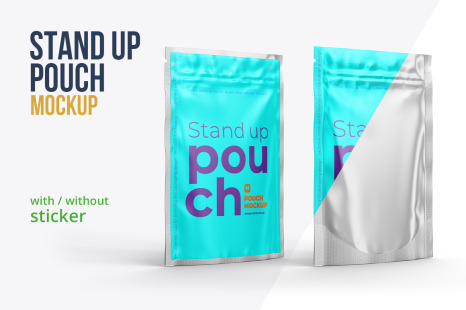 Download 4 X6 Metallic Stand Up Pouch With Without Sticker Half Side View In Packaging Mockups On Yellow Images Creative Store