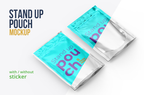 Download 4 X6 Metallic Stand Up Pouch With Without Sticker Top Half Side In Packaging Mockups On Yellow Images Creative Store