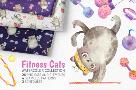 Watercolor fitness and yoga clipart, seamless patterns with cute cats