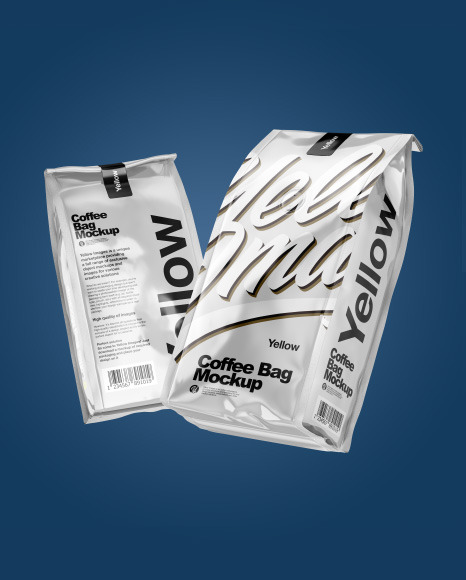 Download Two Glossy Metallic Coffee Bag Packaging Mockup In Bag Sack Mockups On Yellow Images Object Mockups